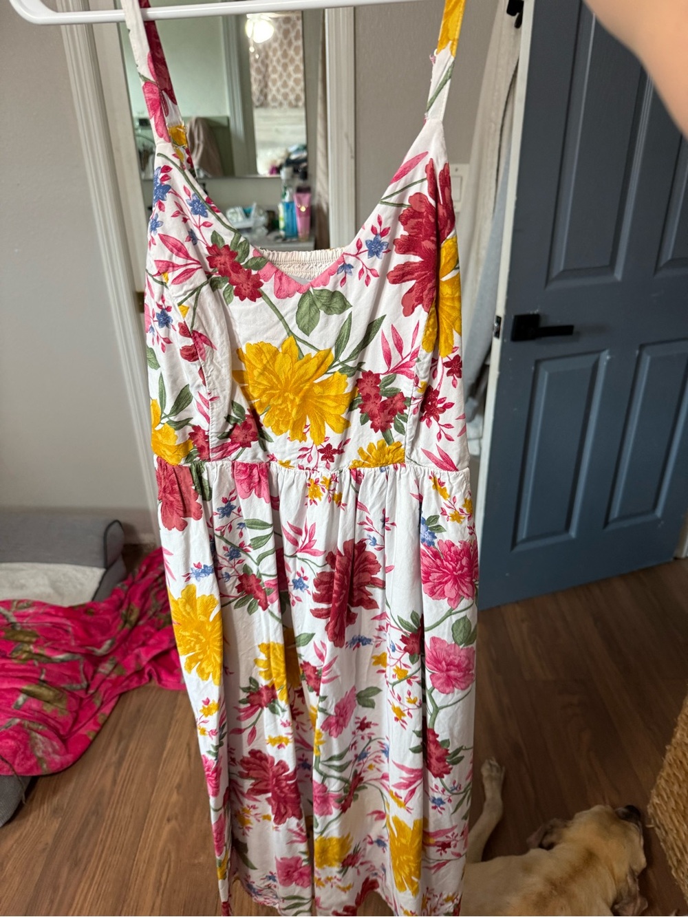 Old Navy White Floral Midi Dress with Yellow, Pink, Red, and Green Print